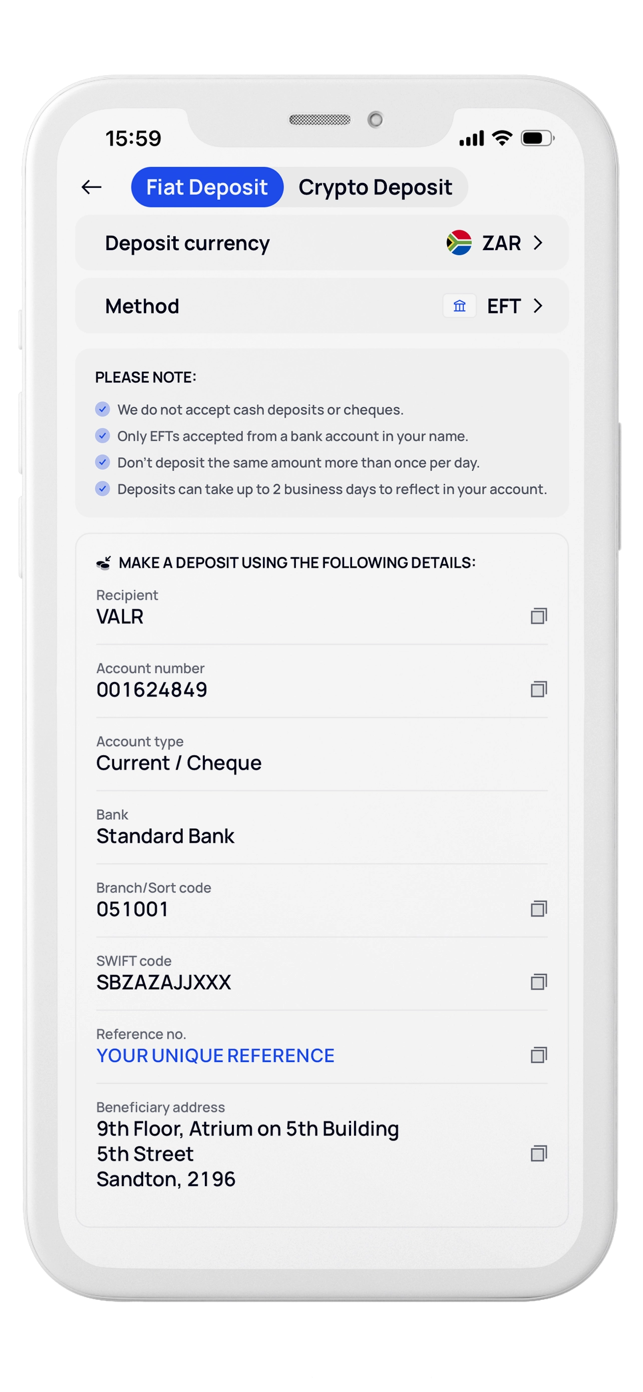 Copy banking details