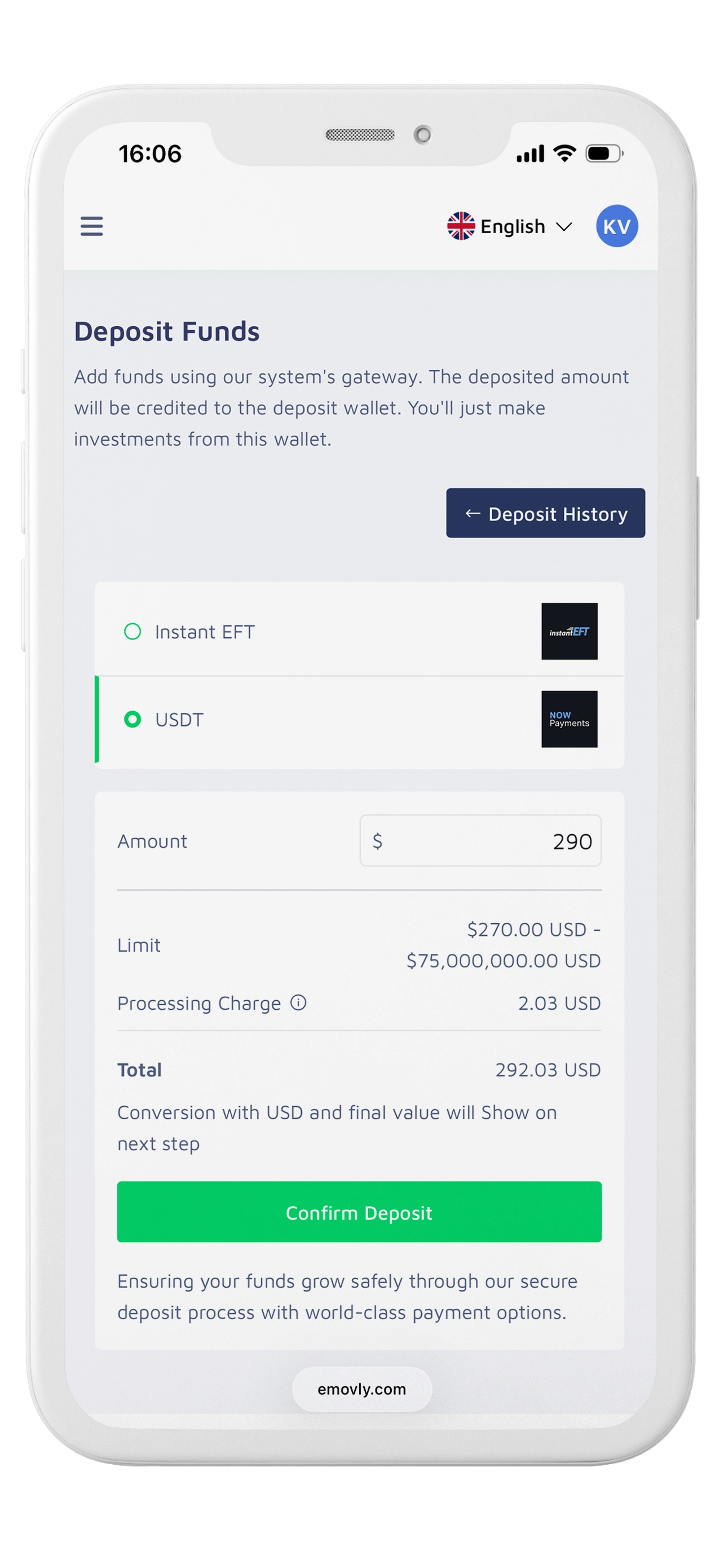 Start eMovly deposit