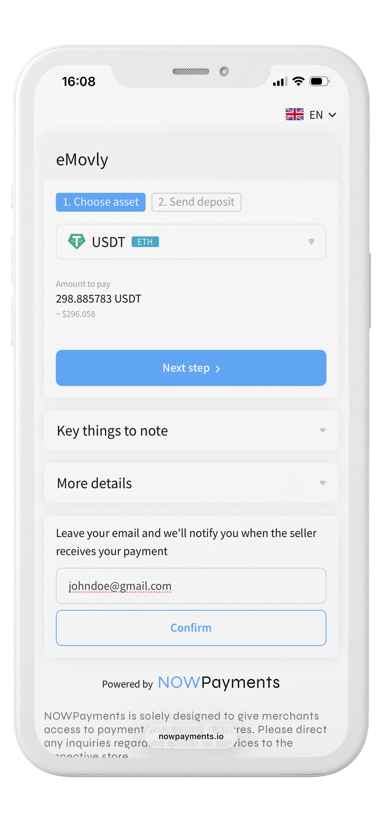 Confirm USDT asset